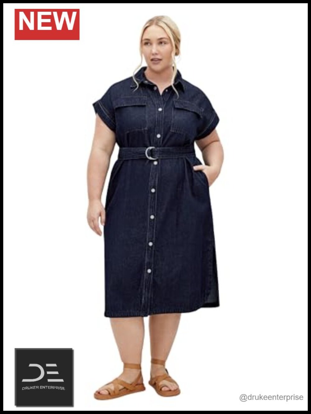 Plus Size Midi Denim Dress with Pockets and Removable Belt